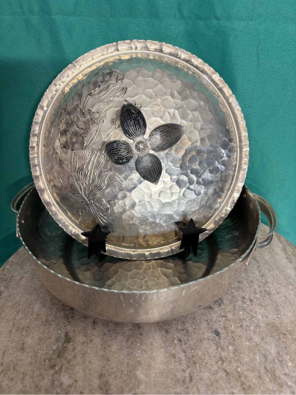 Hand-Hammered Silver Metal Serving Bowl and Decorative Tray - Silver